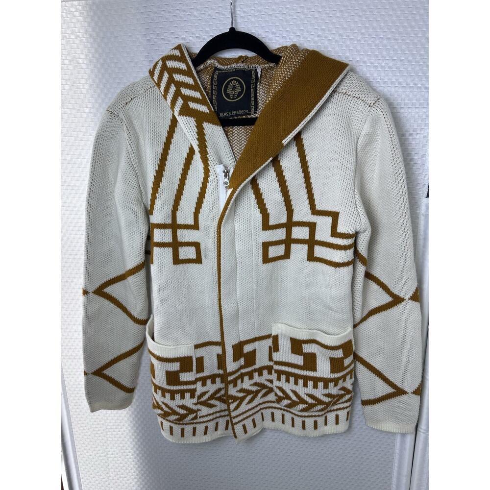 Black Pharaoh Aztec Knit Unisex Cardigan Zipper Sweater Grandpa Medium 2 - Picture 2 of 15